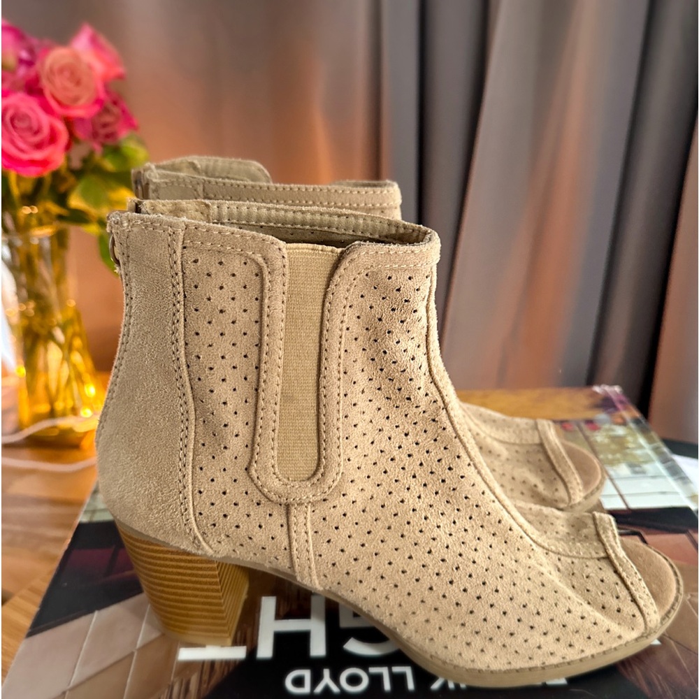 vegan neutral suede ankle booties with peep toe